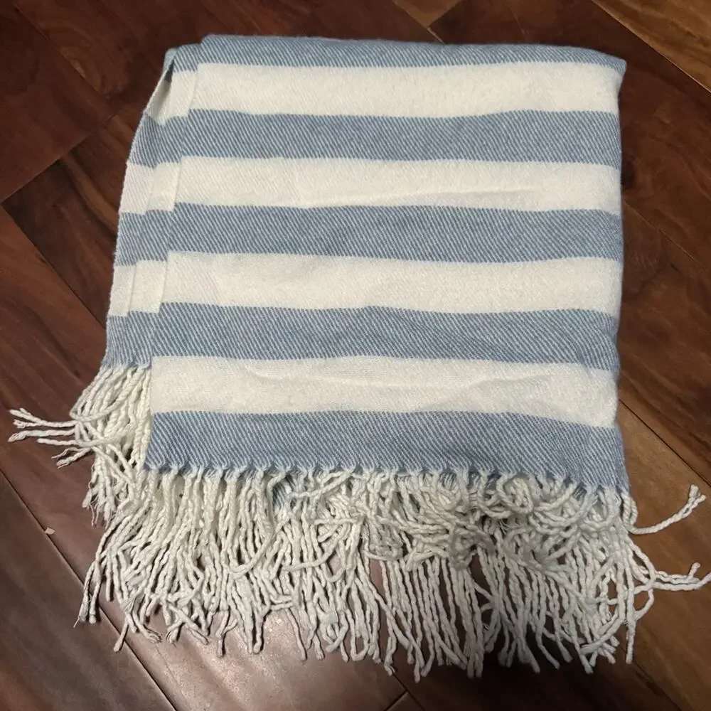 Cuddl Duds Blue White Striped Throw Blanket 50x60 Super Soft Fringe NWOT